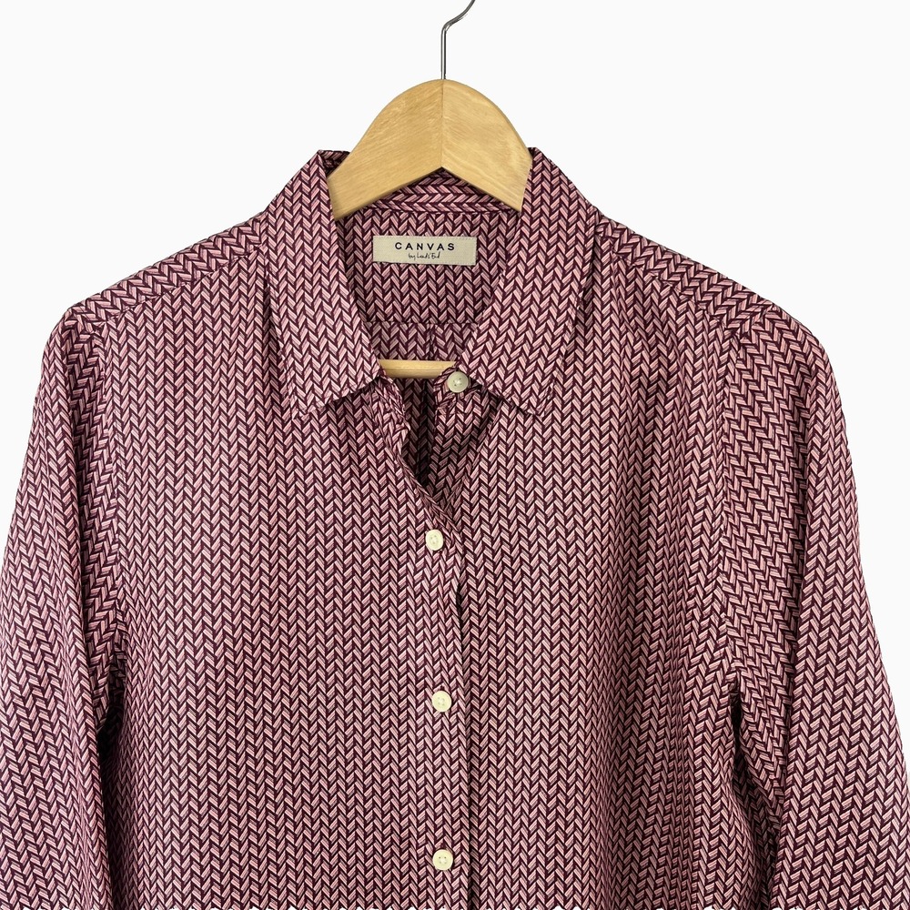 Canvas Lands' End 100% Silk Top Pink Maroon Long Sleeve Button Up Sz 10 Office